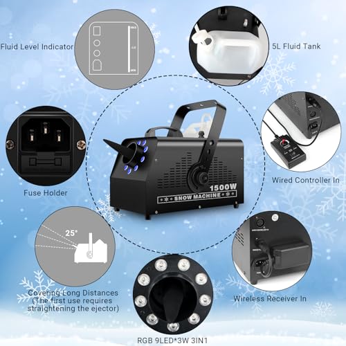 fake snow machine with 9leds light - 1500w artificial snow making machine with 7 color lights effect snowflake maker by remote control for kids wedding party stage christmas decorations