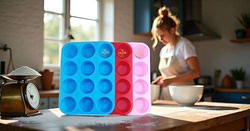 Miniatura 8 de Molde de silicona para magdalenas de 12 tazas  Juego de 3 moldes de silicona de tamaño regular  Juego de 3 moldes para pasteles de colores mixtos