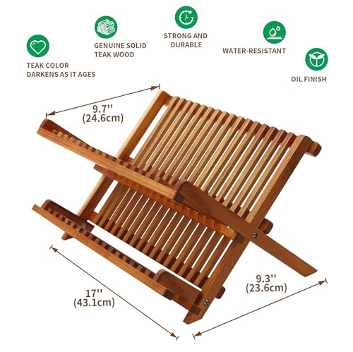 Utoplike Teak Dish Rack Stand Drainer, Collapsible 2 Tier Dish Drying Rack with Cup Holder, Wooden Plate organiser for Kitchen - Image 2