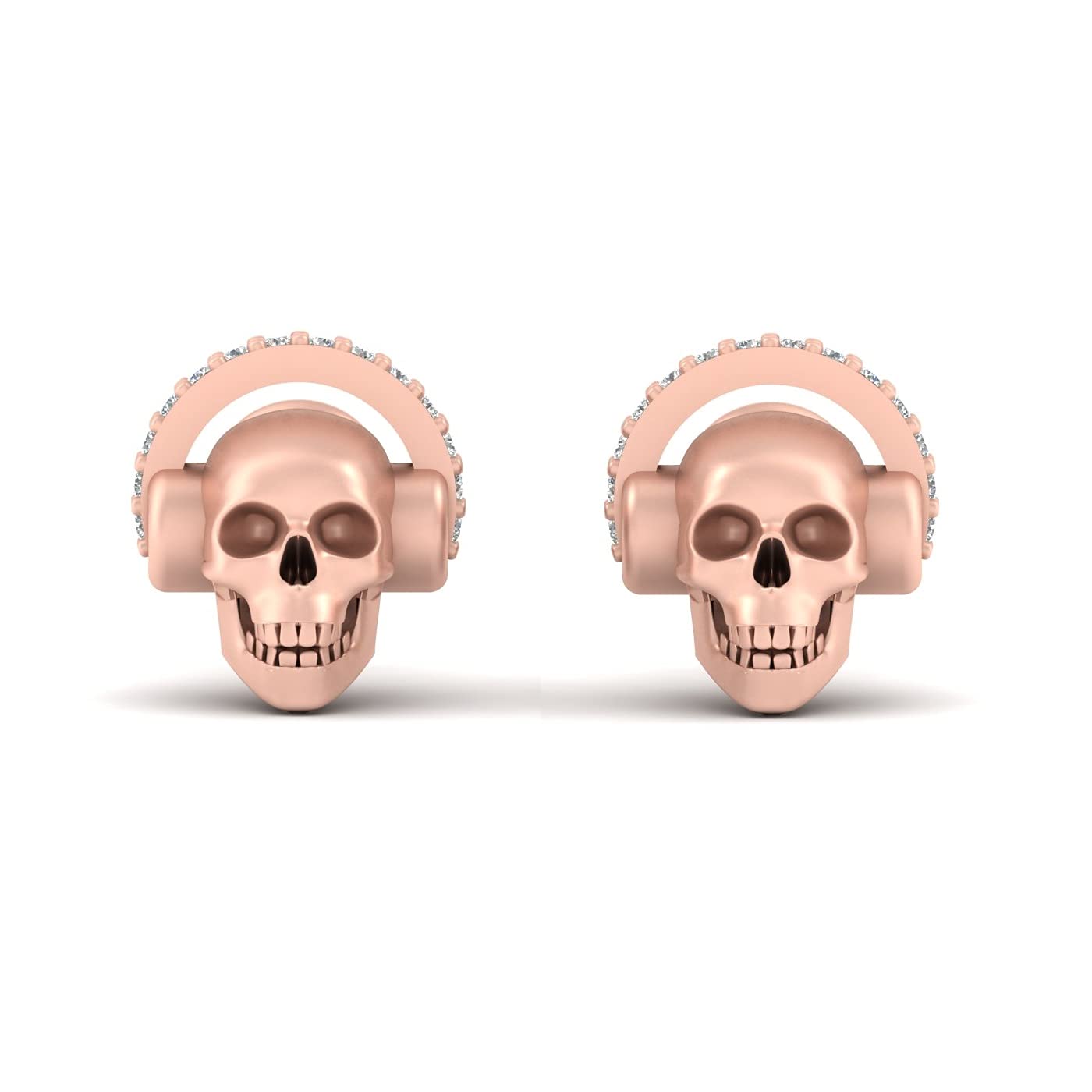 Orecchini a lobo a forma di teschio, finitura in oro rosa, in argento 925, con cuffie, stile hip hop, DJ, Pietra Oro rosa Argento, Diamante sintetico