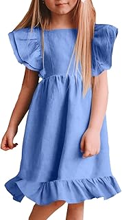 Girls Dress Linen Boho Party Ruffle Sleeve A-Line Floral Hem Loose Fit Summer Outfits for 5-12 Years Kids - Buy now