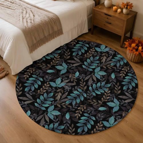 Teal Leaves Fall 5 Ft Round Area Rugs for Bedroom, Washable Dining Room Rugs Carpet with Rug Tape, Thanksgiving Botanical Rustic Black Accent Low Pile Floor Carpet for Classroom Foyer Home Office - Image 4