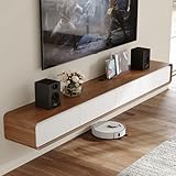 POVISON Fully-Assembled Minimalist Floating TV Stand, Modern Wall-Mounted Entertainment Center with 4 Flip-Down Cabinet Doors, Solid Wood, Walnut Veneer & White, 94