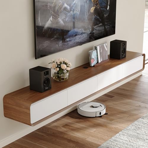 POVISON Fully-Assembled Minimalist Floating TV Stand, Modern Wall-Mounted Entertainment Center with 4 Flip-Down Cabinet Doors, Solid Wood, Walnut Veneer & White, 94