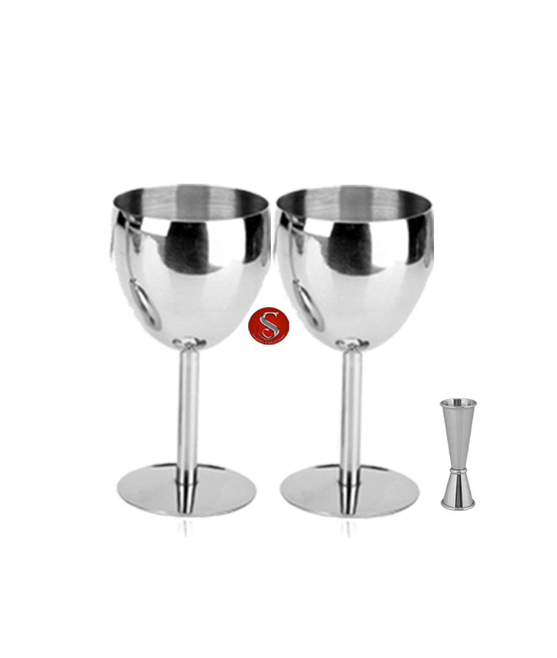 Saanvi Creations Stainless Steel Silver Goblette Wine Glasses and Ring Peg Measure Combo.