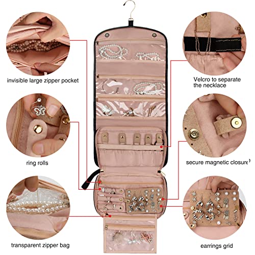 Travel-Jewelry-Organizer-Roll-with-Zipper-Pockets-Large-Hanging-Jewelry-Roll-Bag-Case-for-Rings-Earrings-Necklaces-Bracelets-Brooches-Waterpoof-Bag-with-Separate-Compartments-Large-Black