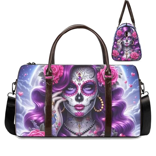 Floral Sugar Skull Weekender Bag in Bohemian Style, Eco-Friendly Canvas Duffel with Spacious Compartments, Durable Straps, Artistic Design Inspired by Mexican (18 x 8.5 x 10 Inches)