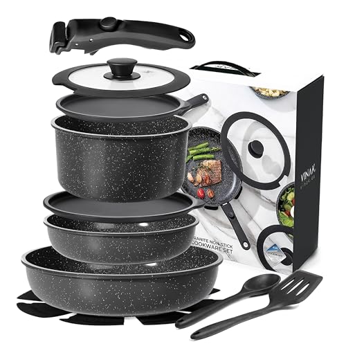 VINAK - Set de sartenes con mango extraible  antiadherentes | 11 piezas - Sartén 26 cm + 20 cm, Cacerola 18 cm, Tapas Cristal/Almacenamiento, Utensilios Silicona | Inducción & Horno | Libre PFOA/BPA