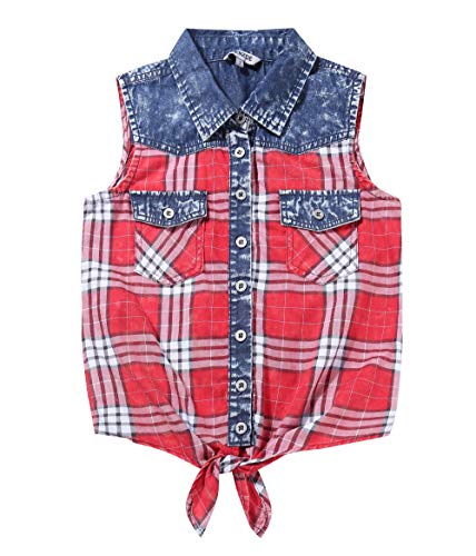 Bienzoe Fille Plaid Denim sans Manches Décontractée Chemisier Rouge/Noir 18 Cover