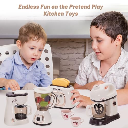 Kinder Küchengeräte Set mit Kaffeemaschine Mixer Toaster Rührgerät, Kinderküche Spielküche Zubehör, Kinder Kaffeemaschine Spielzeug mit Geräusch und Licht, Rollenspiel Geschenk für Kinder ab 3 Jahren