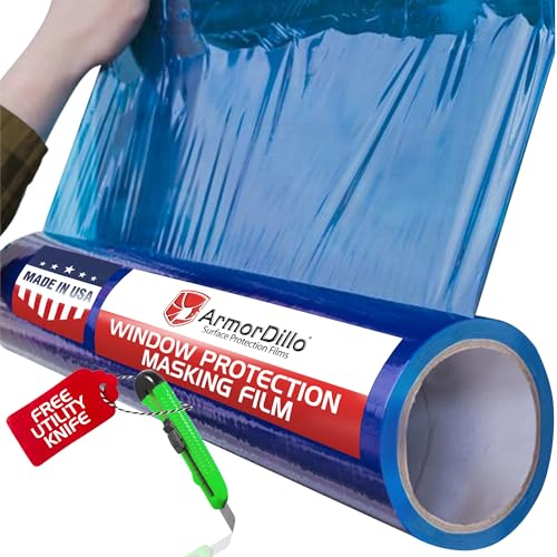 ArmorDillo 4 Rolls (1 Case, 54.22/Roll) 21”x 600' Blue Protective Window Film for Window Glass W/Free Utility Knife, Window Shield Adhesive Film, Polyethylene Film, 45-Day UVI, Scratch Prevention