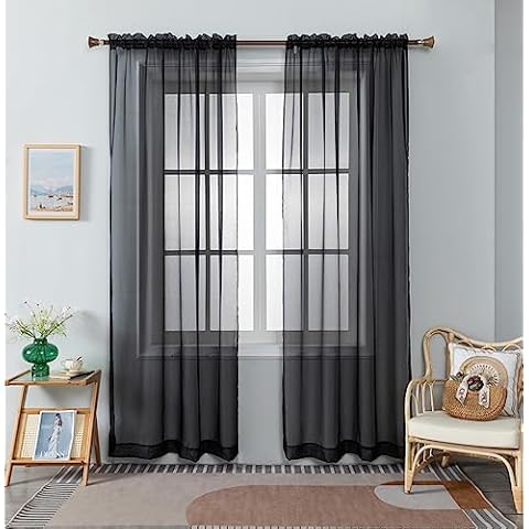 WPM WORLD PRODUCTS MART Black Sheer Curtains 58" Wide x 84" Long 2 Panels Livingroom Window Treatment Rod Pocket Sheer Voile for Bedroom, Kitchen, Living Children Room Fully Stitched and Hemmed Cover