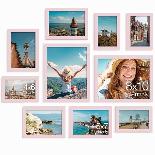 Vittanly 10 Pack Picture Frames Collage Wall Decor, Gallery Frame Set for Wall Mounting or Tabletop Display, Multi Sizes Including 2pcs 8x10, 4pcs 5x7, 4pcs 4x6, Pink