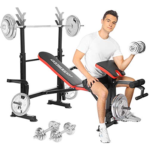 OppsDecor Hantelbank, verstellbare Trainingsbank, Fitness-Bank, Langhantelstange, Krafttraining für Zuhause (rotCarbon) Cover