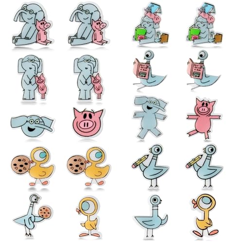 Cute Animal Cartoon Stud Earrings - 10Pairs Funny Elephant and Piggie Pigeon Bird Duck Book Character Studs Mix & Match Back to School Jewelry Earrings Gift for Teachers Appreciation Gift