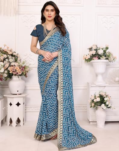 Image of Yashika Women's Printed Georgette Printed Saree With Lace Border and Blouse Material