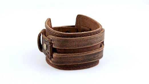 LHUOSN Brown Leather Cuff Bracelets - 2 Inch Wide Adjustable Men's Wristband, Punk Rock Style, 8-9.5 Inch - View #6