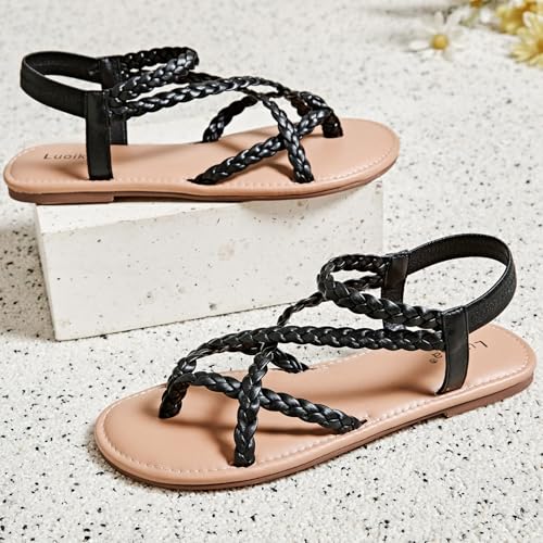 Image of Luoika Women's Wide Width Flat Sandals, Flip Flop Casual Strapy Sandals Slip on Summer Beach Shoes for Women.