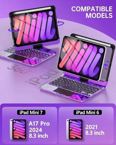 Image of Intermerge Keyboard Case for iPad mini 7 (A17 Pro, 2024) & Mini 6 (2021) 8.3 inch - 360 Swivel Multi-Touch Trackpad, 7-Color RGB Backlit Keys, Pencil Holder, Type-C Charging, Power Indicator-Neon Pulse