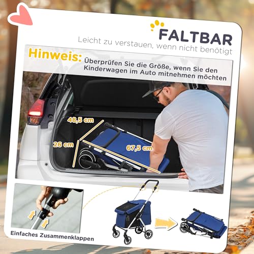 PawHut Hundewagen leicht Hundebuggy aus Aluminium klappbar für Hunde & Katzen Katzenbuggy mit Kissen Netzfenstern Türen Aufbewahrungskorb Katzenwagen Mini-Hundewagen für kleine Hunde Dunkelblau
