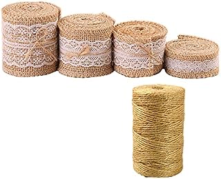 4 Roll 2m Hessian Ribbon Roll with White Lace &100m Jute Twine,Rustic Ribbon Natural Ribbon,Antique Jute Linen Ribbon Roll,White Burlap Lace Ribbon for Wedding Christmas Party Crafts Gifts Wrapping