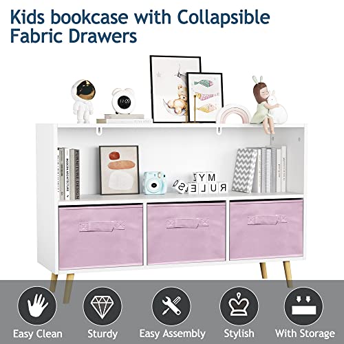 Iafike Toy Organizers And Storage, Kids Bookshelf With 3 Cube Fabric Bins And Drawers,Nursery Bookcases, Cabinets & Shelves Toddler Book Shelf For Bedroom,Playroom,Livingroom (Pink) #TOP2