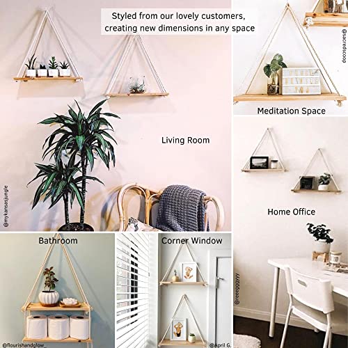 Hanging Shelves For Wall [Set Of 2 W/ Hooks] Wooden Shelf Macrame Rope, Natural Light Reclaimed Wood, Boho Decor Triangle Floating Farmhouse Rustic Modern Plant Aesthetic, Dorm Living Room Bedroom #TOP5
