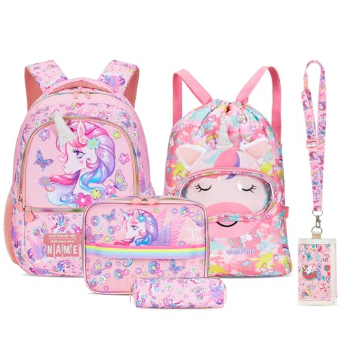 Amythe Set Sac à Dos Fille 6-10 Ans, Cartable fille Primaire CP CE1 CE2, Kit Scolaire avec Sac de sport, Trousse, Sac Repas et Porte-Monnaie, 5pcs Sac D'école Imperméable Léger, Rose