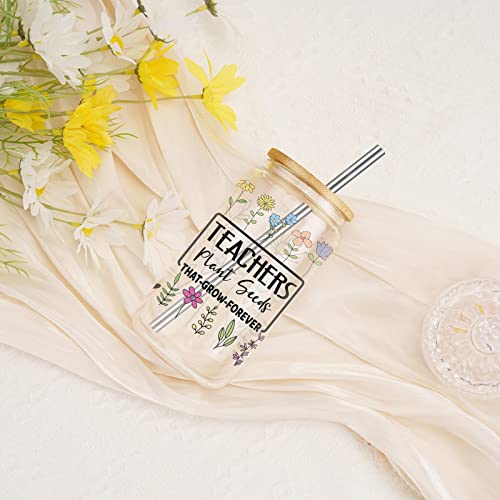 Coolife Teacher Floral Cup, 16 Oz Iced Coffee Cup, Can Shaped Drinking Glass W/Bamboo Lid Straw - Birthday, Teacher Appreciation Gifts For Women, Her - Aesthetic Glass Tumbler Cup For Coffee Smoothie #TOP6