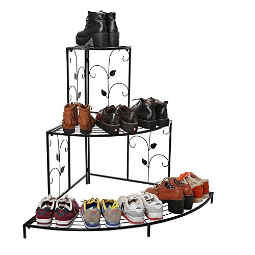 Image of NAYAB 3 Tier Metal Plant Stand, Stair-Step Style Display Ladder | Corner Shelf Metal Flower Pot Rack for Garden Balcony Indoor Outdoor (Black)