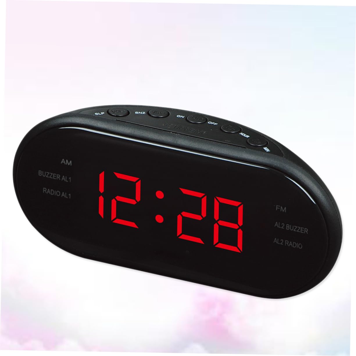 SEWACC Radio Despertador Digital con Radio Am y Luces Nocturnas, Pantalla Curva Grande y Función de Repetición para Mesita de Noche, Diseño Plástico Rojo