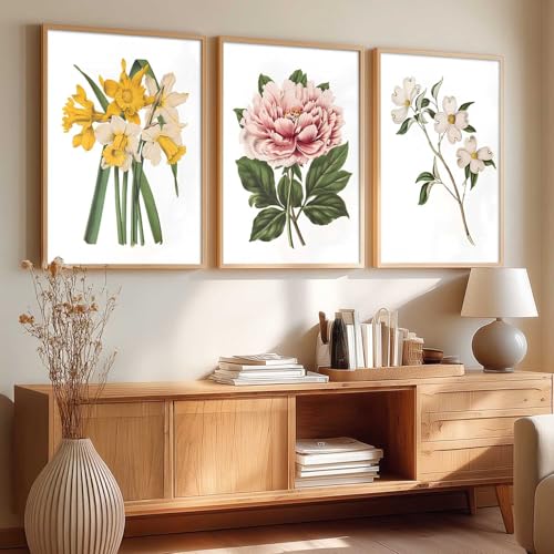 Image of kotart Floral Art Home Decoration | Aesthetic Floral Paintings With Frame For Living Room Bed Room Hotel Wall Decor Digital Reprint Set of 3 (19X25 inch)