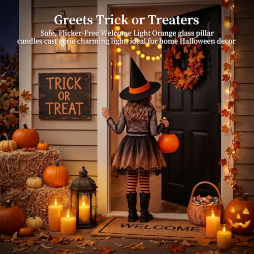 Image of Amagic Clear Glass Flameless Candles Battery Operated with Timer, Remote Control, LED Pillar Candles, Battery Powered for Halloween, Thanksgiving, Fall Home Decor, Orange, Set of 3