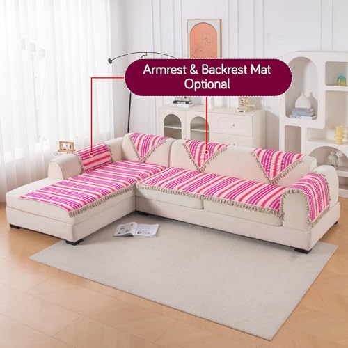 Image of HOKIPO 'Artisan Boho Series' L Shape (3+2 Seater) Seat Mat for Sofa | Thick 450 GSM Cotton Acrylic Jacquard Fabric Cover with Tassel, Fuchsia Pink (IN-904+903-A5)