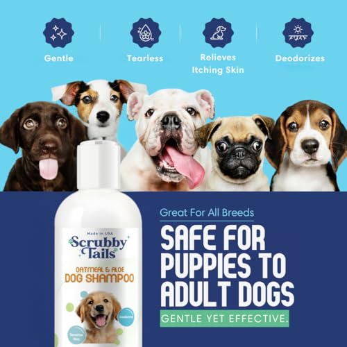Scrubby Tails Organic Dog Shampoo - Puppy Oatmeal Shampoo for Itchy Skin Relief - Hypoallergenic for Sensitive Skin, for Dogs of All Ages, Deodorizes, Tearless, Made in USA, 16oz (Vanilla Ice Cream)