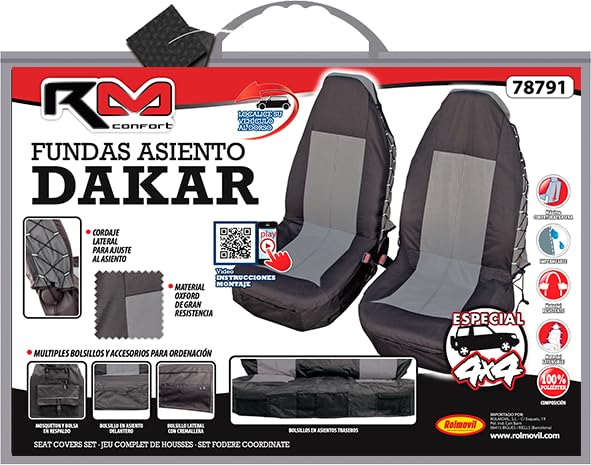 ROLMOVIL Fundas de Asiento Coche Delanteras Dakar (Juego de 2) – Universales, Impermeables y Ajustables, Tejido Oxford Resistente, Negro/Gris – Protector de Asientos para Coche, SUV, 4x4 y Furgoneta