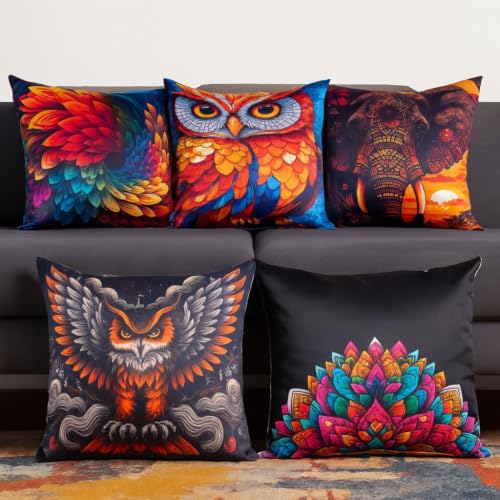 Image of Decorative Satin Sofa Cushion Covers Set of 5, 16 x 16 Inches, Multicolor Floral Printed Pillow Covers for Living Room, Bedroom, Couch & Sofa, Soft Glossy Fabric, Zipper Closure