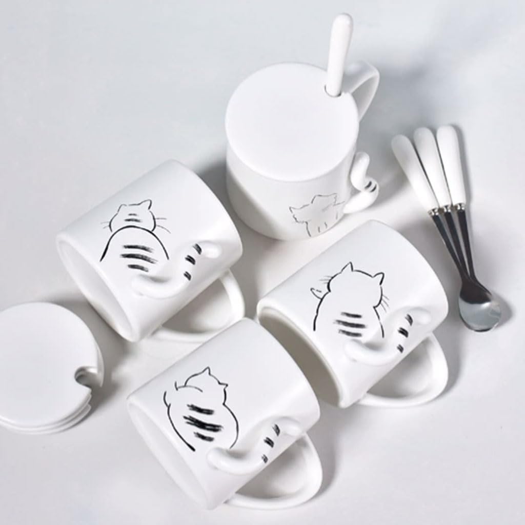 Taza de café Redonda de cerámica Blanca con Tapa y Cuchara, 350 ml/11,8 oz