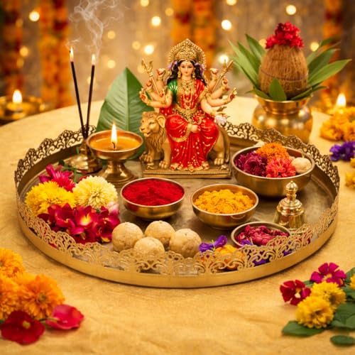 Best Navratri Home Decoration Items (2026) 41 Decorative Metal Pooja Thali 28 cm | Traditional Puja Plate with ...