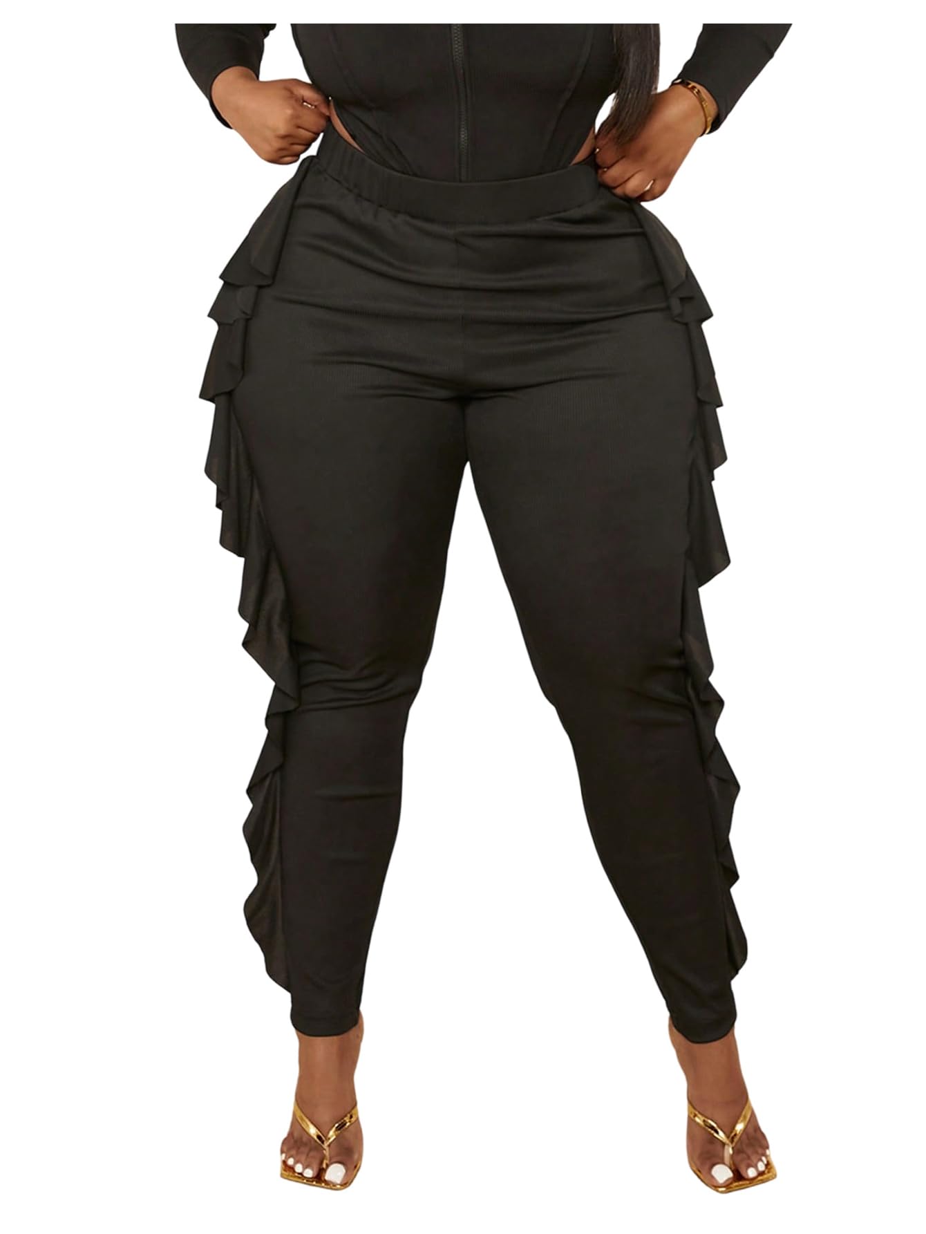 Floerns Womens Plus Size High Waisted Pants Ruffle Trim Elastic Waist Casual Leggings