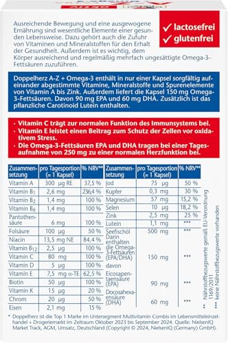 Doppelherz A-Z + Omega-3 Extra - 20 Vitamine, Mineralstoffe & Spurenelemente + Omega-3 + Lutein - Nur 1 Kapsel täglich - 30 Kapseln