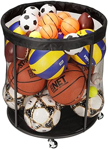 Weyimila Sports Equipment Organizer for Garage, Mesh Ball Holder for Soccer, Basketball, Volleyball, Baseball, Toy, 48 Gals Ball Cart for Holding Ball, Rolling Sports Organizer, Black