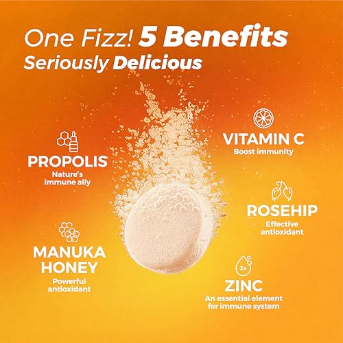 Image of 5 in 1 Immunity Plus - Immune Support & Antioxidant Supplement - Vitamin C, Zinc, Manuka Honey, Rosehip & Propolis - Natural Zesty Orange Flavor - 20 Day Supply Effervescent Tablets