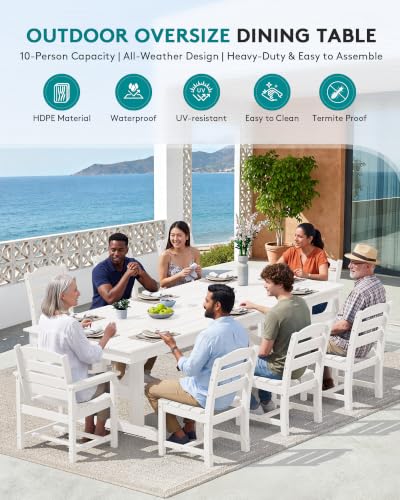 Image of SERWALL 9 Piece 84 inch HDPE Outdoor Dining Set with 6 Armless Chairs, 2 Armchairs and Umbrella Hole for 8, White
