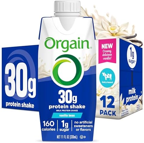 Orgain 30g High Protein Dairy Shake, 5g BCAAs, Vanilla, 11 oz, 12pk