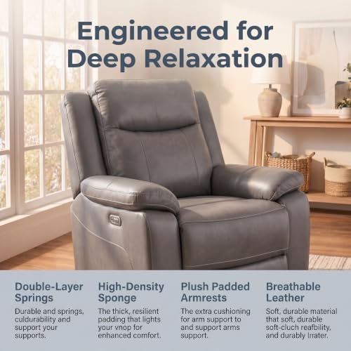 Image of Leather Manual Recliner Chair with USB Port for Home, Deep Grey