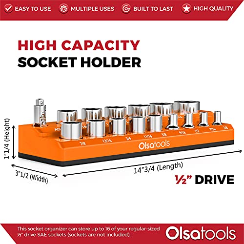 Image of Olsa Tools Magnetic Socket Organizer - 1 /2-Inch Drive SAE Socket Holder with Strong Magnets - Professional Tool Holder and Tool Organizer - Stores up to 16 Sockets - Orange - Part: 1289