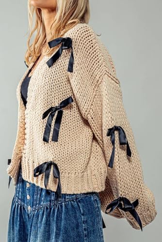 Image of Valentine's Day Cardigan Sweaters for Women Love Heart Print Button Down Cropped Cardigans Y2K Open Front Knit Sweater