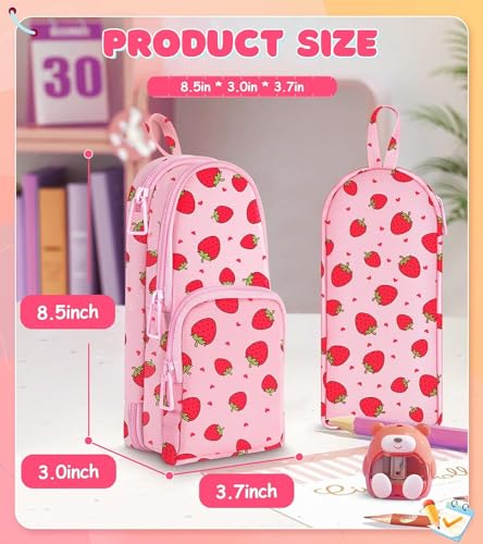 Image of Dravina Canvas Large Capacity Pencil Pouch with 3 Zippers & 5 Compartments| Aesthetic Stationary Standing Pencil Case| Waterproof School Box for Girls & Boys Unicorn Pencil Box (Pink Strawberry)
