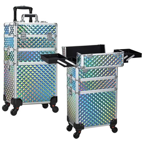 FRENESSA Rolling Makeup Case Cosmetology Case on Wheels 3 in 1 Cosmetic Trolley Large Storage Organizer Salon Barber Case Traveling Cart Trunk for Esthetician Nail Tech Mobile Stylists, Blue by FRENESSA - Used condition - US$75.83